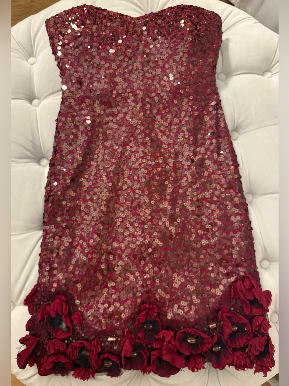 Badgley Mischka Strapless Burgundy Sequin Cocktail Dress